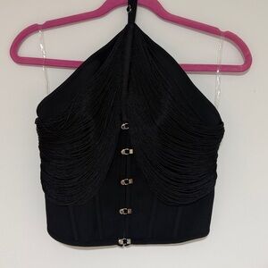 Fashion Nova Black Fringe Halter Corset Bustier